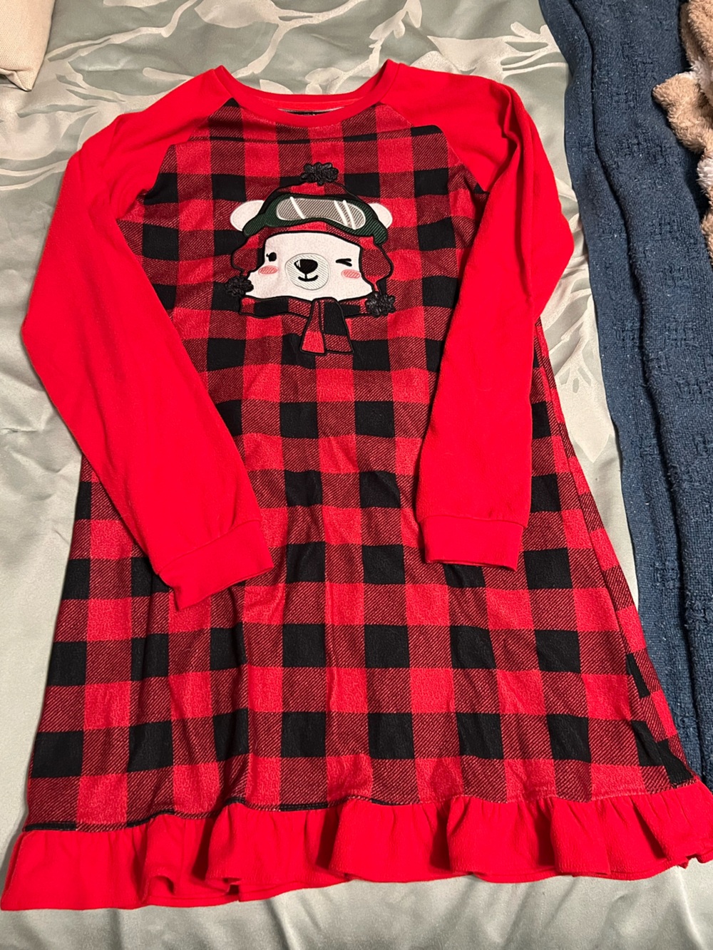 Cuddl Duds Girls XL fleece Red and Black Buffalo Plaid KidsNightgown with Bear